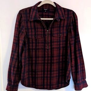 Madewell Maroon and Navy Flannel quarter zip top